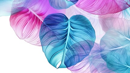 Monstera deliciosa veins in pink and blue colors, one of another leaf.  Wallpaper