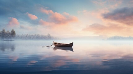 A panoramic view of a mist-covered lake with a lone boat floating in the stillness