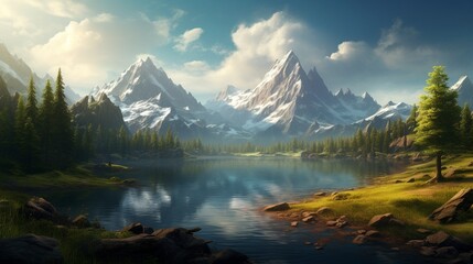 A pristine lake surrounded by dense evergreen forest and a snowy mountain range in the distance