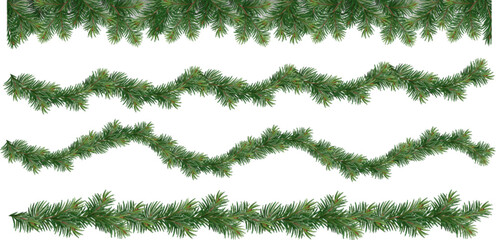 Realistic vector Christmas isolated tree branches garland and collections of Christmas tree branch with pine cones	
