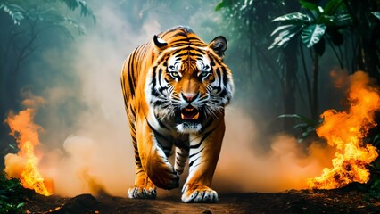 silhouette féline - la majesté d'un tigre se fond dans la jungle, une beauté indomptable. - obrazy, fototapety, plakaty