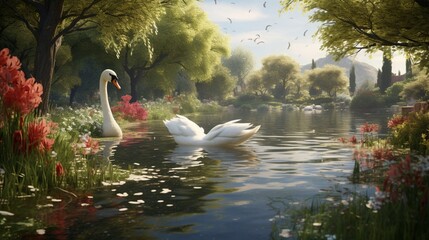 A serene pond surrounded by weeping willows, with a pair of swans gliding across the water