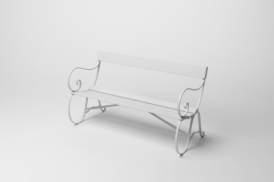 White ornate park bench on white background in monochrome and minimalism. Illustration of the concept of public facilities