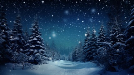 A snow-covered pine forest with a fresh layer of powder under a clear, starry night sky