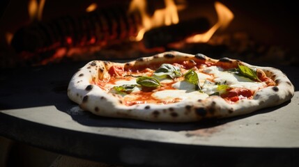 Authentic Neapolitan Pizza with fresh basil and mozzarella, wood-fired oven in the background