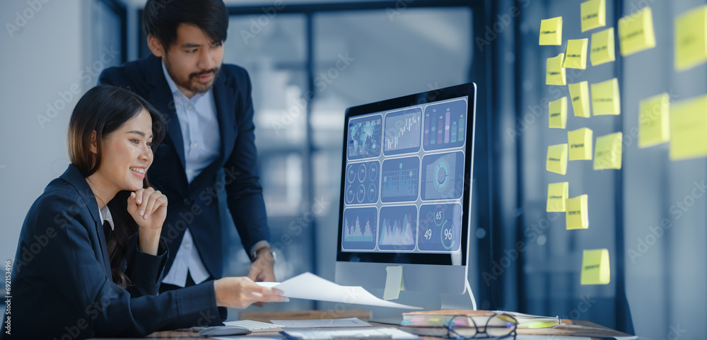 Poster technology and financial advisory services concept. business teamwork and working on digital compute
