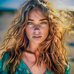 portrait of a beautiful woman on the beach at sunset