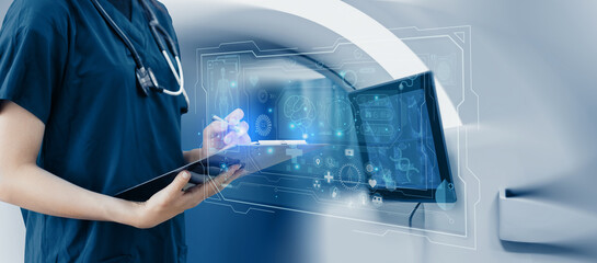 Doctor looking at x ray, Healthcare and medical technology and futuristic concept. - Powered by Adobe