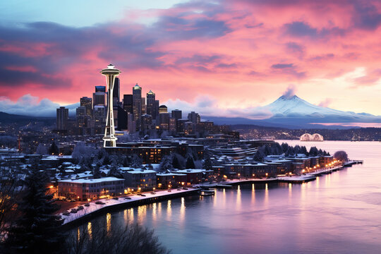 Panoramic view of a winter Seattle city skyline at dusk, with the city lights reflecting off the icy surfaces and creating a magical