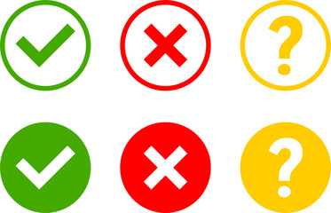 Obraz premium Green Red and Yellow Yes or OK No or Declined Problem or Warning Flat Icon Set with Check Mark X Cross and Question Mark Symbols in Circles. Vector Image.