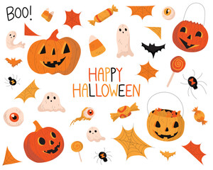 Colorful spooky Halloween vector set of pumpkins, jack-o-lanterns, candy, ghosts, eyeballs, and ghosts.