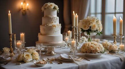 luxury wedding cake, wedding designed cake, wedding cake on the table, wedding table setting, wedding table decoration - obrazy, fototapety, plakaty
