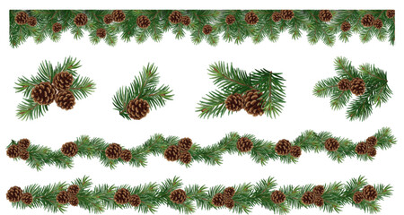 Realistic vector Christmas isolated tree branches garland and collections of Christmas tree branch with pine cones	
 - obrazy, fototapety, plakaty