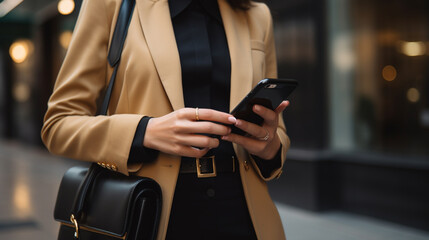 Woman's hand with stylish business attire holding smartphone showing financial apps, Emphasizing theme of professionalism in finance, AI Generated - Powered by Adobe