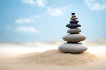 Stack smooth, similar-colored stones vertically on a bed of fine sand against a calming blue background - obrazy, fototapety, plakaty