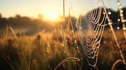 Glistening dewdrops on a spider's delicate web in the early morning light amidst a dense meadow
