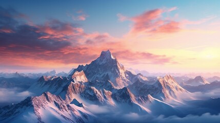 Majestic snow-covered mountains bathed in the warm hues of dawn under a clear azure sky - obrazy, fototapety, plakaty