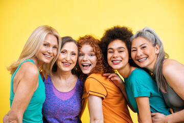 Group of different kind of women with different body, age, and ethnicity making sport