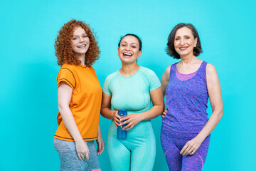 group of different kind of women with different body, age, and ethnicity making sport