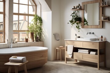 Fototapeta na wymiar Scandinavian-inspired bathroom, warm simplicity and natural elements, neutral color scheme with warm wood tones