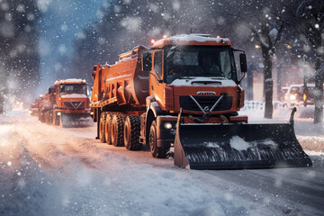 A convoy of snowplows drive down city streets clearing them. Heavy snowfall with poor visibility. Emergency city service in winter. Snow storm, cyclone. Snow debris on the roads.