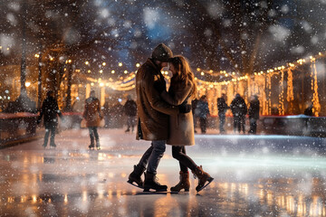 Guy and girl in skates hugging each other. Romantic date on the ice rink in the evening. Festive New Year mood, snowfall. Beautiful cinematic light.