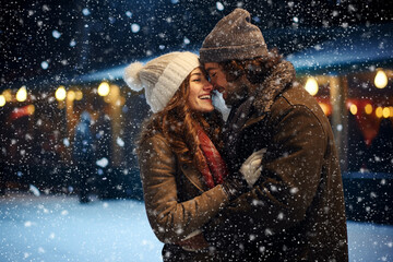 A guy and a girl hugging each other and laughing at a Christmas fair. Romantic date in the snowfall. Beautiful cinematic light. Walking around the city on New Year's vacation.