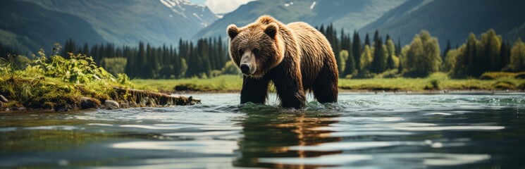 A brown bear wanders along a mountain river against the backdrop of a breathtaking landscape with snow-capped mountain peaks. Concept: a dangerous animal searching for food in the wild near a pond - obrazy, fototapety, plakaty