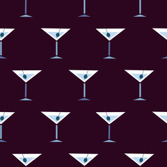 Martini cocktail glass with olives seamless cartoon style pattern, vector illustration, Purple background print