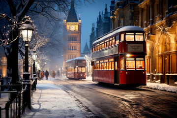 Winter cityscape featuring snow covered street of London with festive lights and decorations, red bus, a light snowfall, and holiday-themed street decor