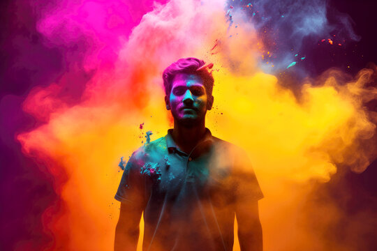 portrait of lonely man standing covered with colourful powder with vibrant colored fog background