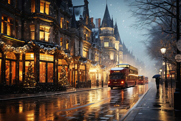 Fototapeta premium Winter cityscape snow covered streets lined with historical buildings adorned with festive lights and decorations