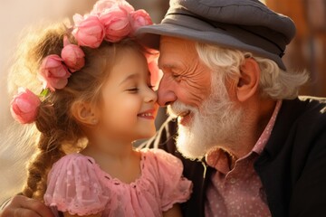Happy elderly grandfather loves and cares for his granddaughter. Concept happy retirement lifestyle.