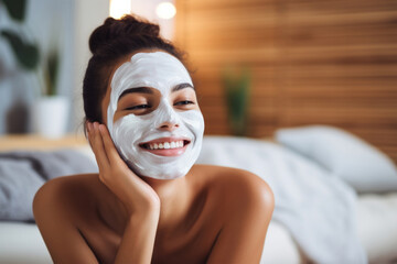 Beautiful happy cheerful girl applied beauty facial mask . Woman chilling relaxing on couch at home - obrazy, fototapety, plakaty