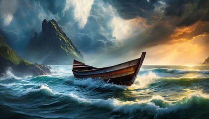 Boat in the ocean with dramatic sky - obrazy, fototapety, plakaty