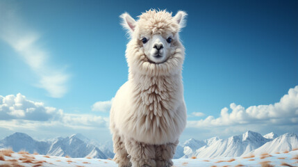 Funny white smiling alpaca on the background of blue sky. generative ai - obrazy, fototapety, plakaty