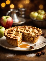 Homemade apple pie tart on gold wooden background, apple pie with cinnamon sticks, apple pie with cinnamon and nuts, apple pie with apples and cinnamon on a plate, apple pie with raisins