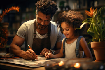 A parent helping a child with homework, embodying the responsibilities and care involved in nurturing the next generation. Generative Ai. - obrazy, fototapety, plakaty