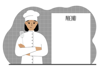 A chef in a cap stands next to a white sheet for placing a menu for a restaurant or cafe.