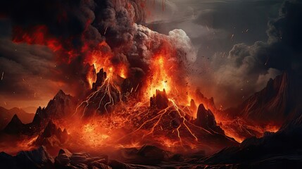 The volcano erupts, releasing molten lava amid billowing smoke and ash. Volcanic eruption, molten lava, billowing smoke, ash clouds, volcanic might, fierce energy. Generated by AI.
