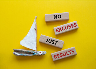 No excuses just results symbol. Wooden blocks with words No excuses just results. Beautiful yellow...
