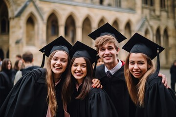 Obraz premium Happy graduated students near the college