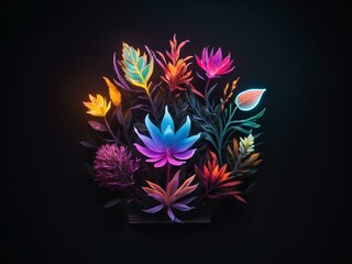 transparent glowing flowers, glowing lines, black background, for design, isolated