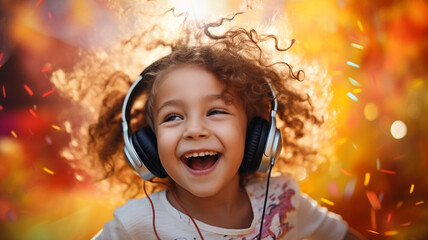 cute little kid boy in headphones with big eyes in red headphones, having fun with music. happy child listening music in headphones on yellow wall background - obrazy, fototapety, plakaty