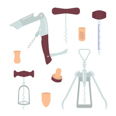 Different .corkscrews, corks and wine openers vector set