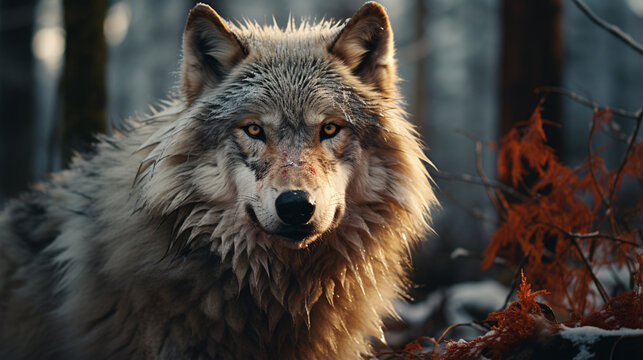 wolf in the woods dramatic with wild predator animal posing in deep forest rocky. generative ai