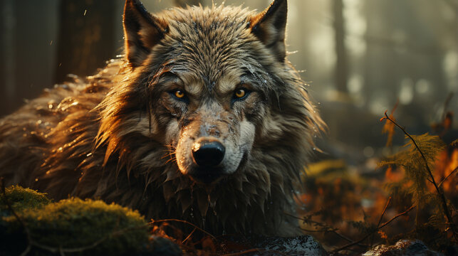 wolf in the woods dramatic with wild predator animal posing in deep forest rocky. generative ai