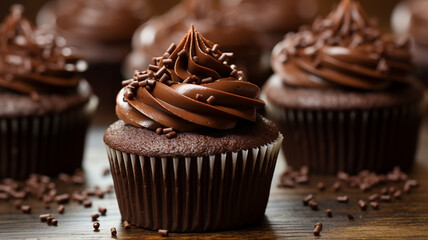 delicious chocolate muffins with chocolate cream and nuts on table, closeup
