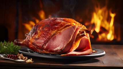 delicious smoked bacon served with rosemary on table - obrazy, fototapety, plakaty