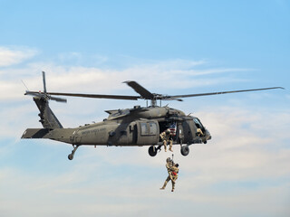 United States military helicopter. Combat US air force. Rescue mission exercise.